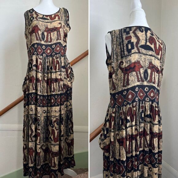 Dresses & Skirts - Vintage 90s Grunge 100% Rayon Maxi Dress Artsy Oversized Funky Flowy Loose Fit